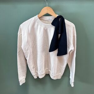 FRAME DENIM‎ Off White Crewneck Sweatshirt with Black Tie Detail Made in USA XS
